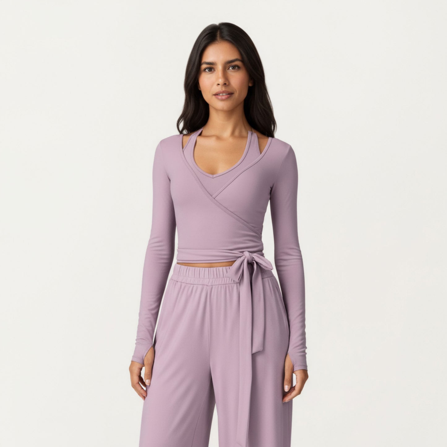 V-Neck Belted Waist Layering Piece Outwear with Front Tie Detail