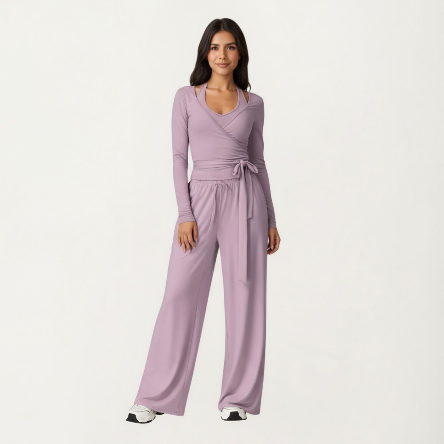 V-Neck Belted Waist Layering Piece Outwear with Front Tie Detail