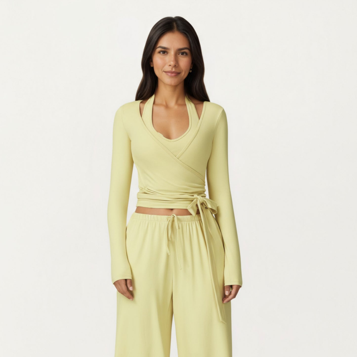 V-Neck Belted Waist Layering Piece Outwear with Front Tie Detail
