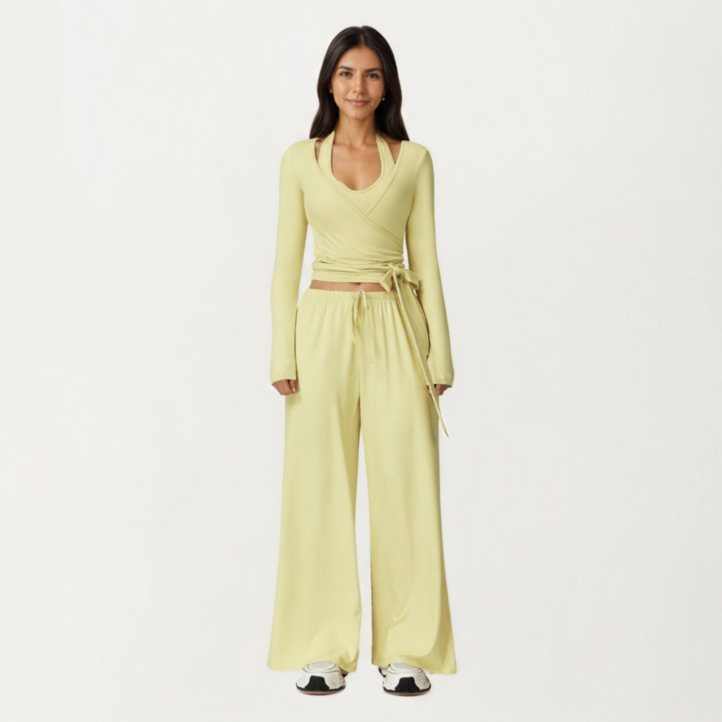 V-Neck Belted Waist Layering Piece Outwear with Front Tie Detail
