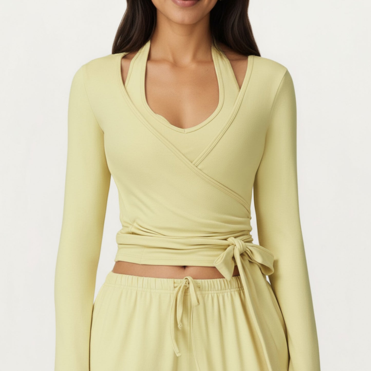 V-Neck Belted Waist Layering Piece Outwear with Front Tie Detail