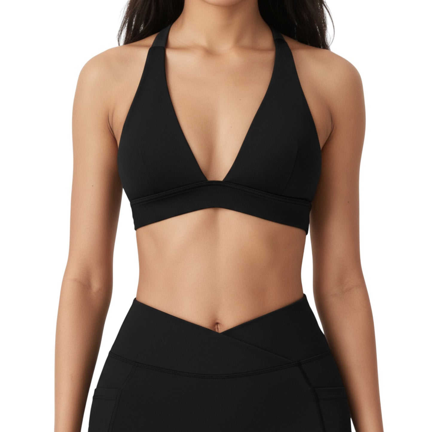 V-Neck Halter Sports Bra with Wide Band and Supportive Stretch Fit