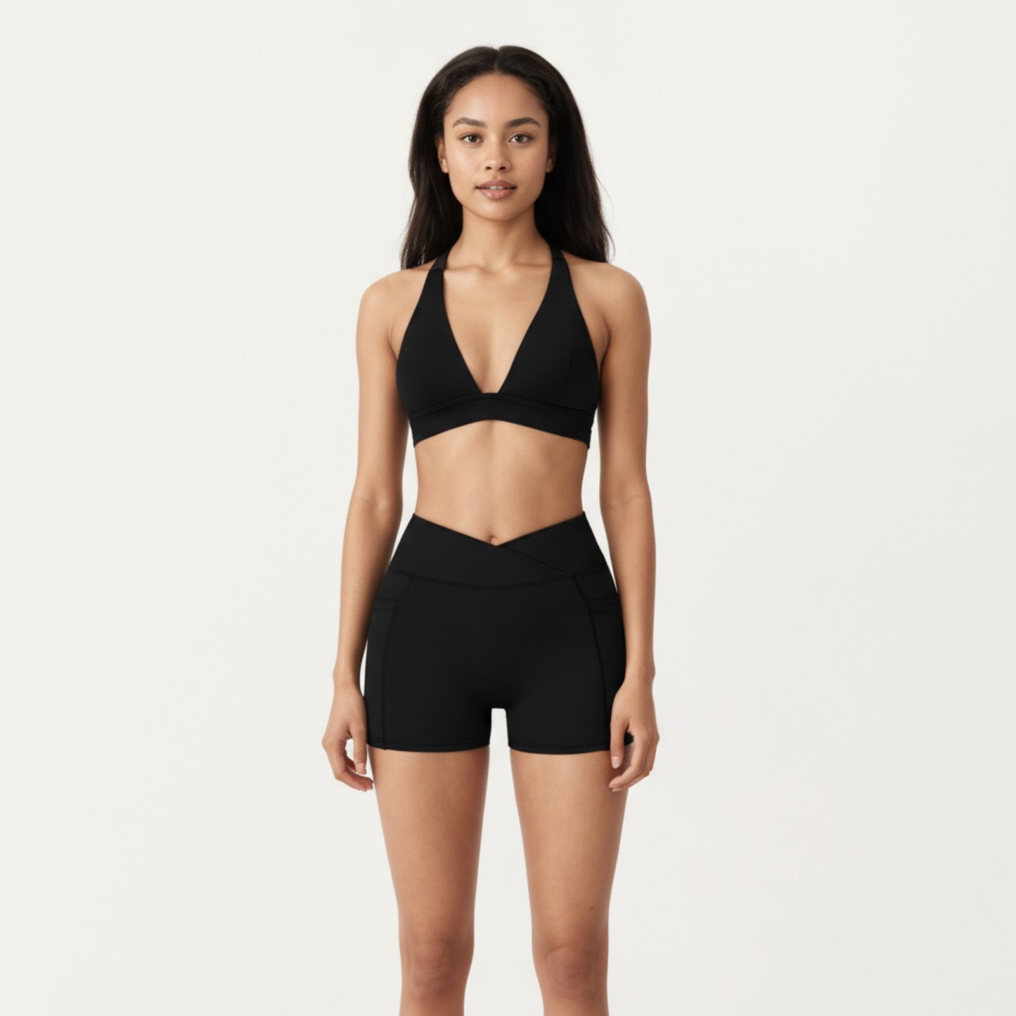 V-Neck Halter Sports Bra with Wide Band and Supportive Stretch Fit