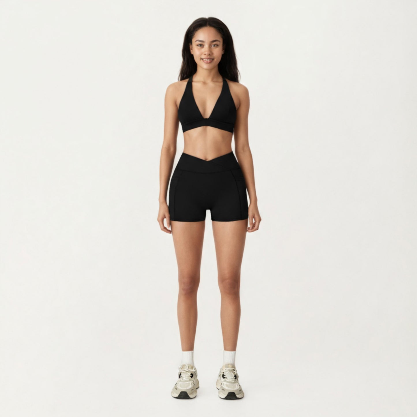 V-Neck Halter Sports Bra with Wide Band and Supportive Stretch Fit