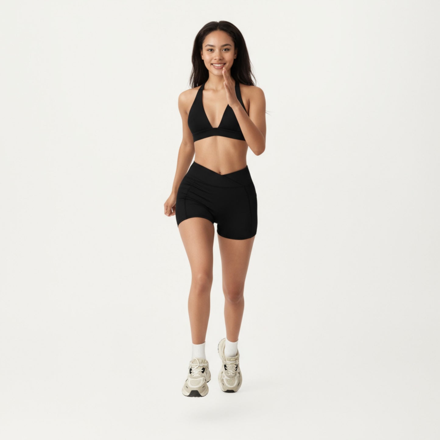V-Neck Halter Sports Bra with Wide Band and Supportive Stretch Fit