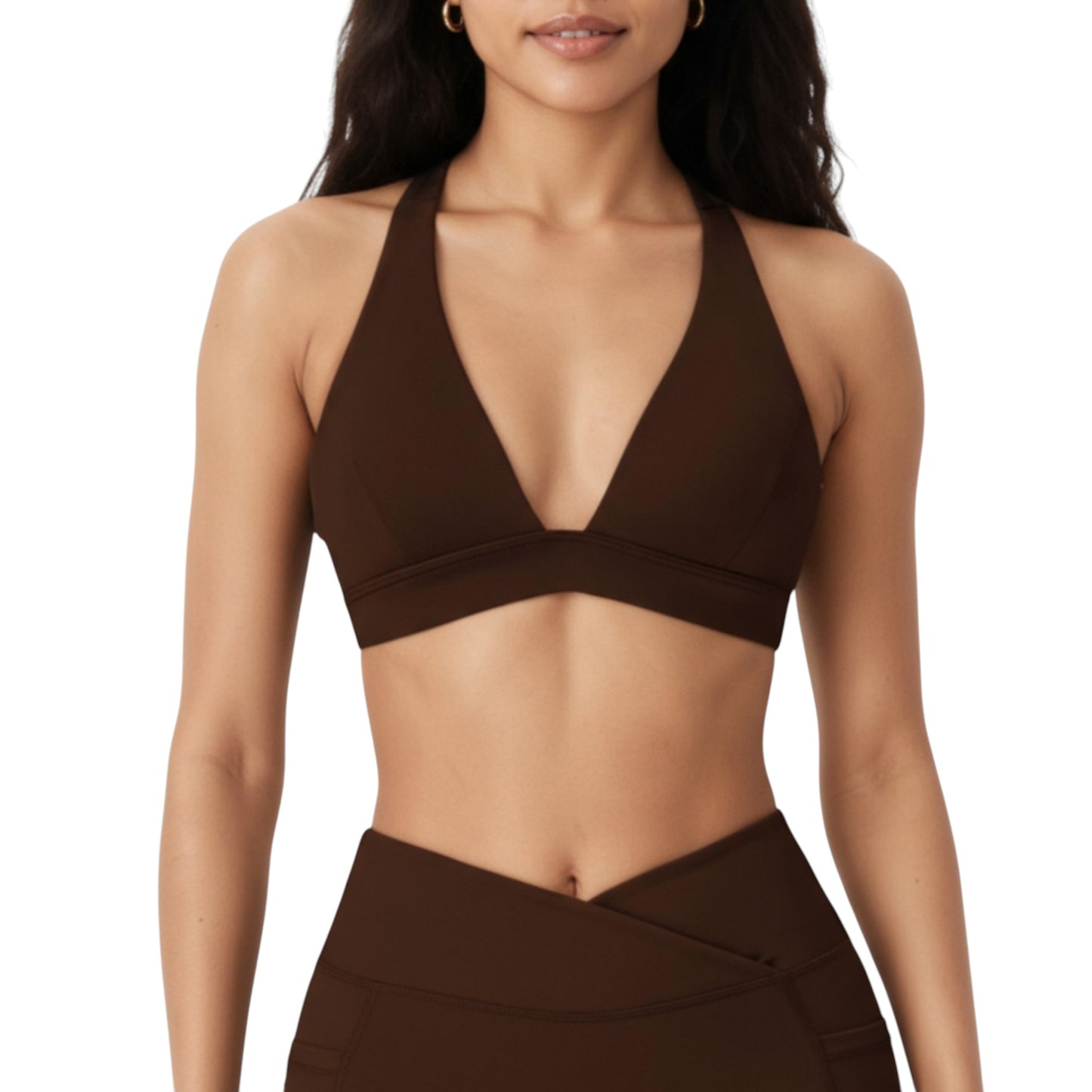 V-Neck Halter Sports Bra with Wide Band and Supportive Stretch Fit