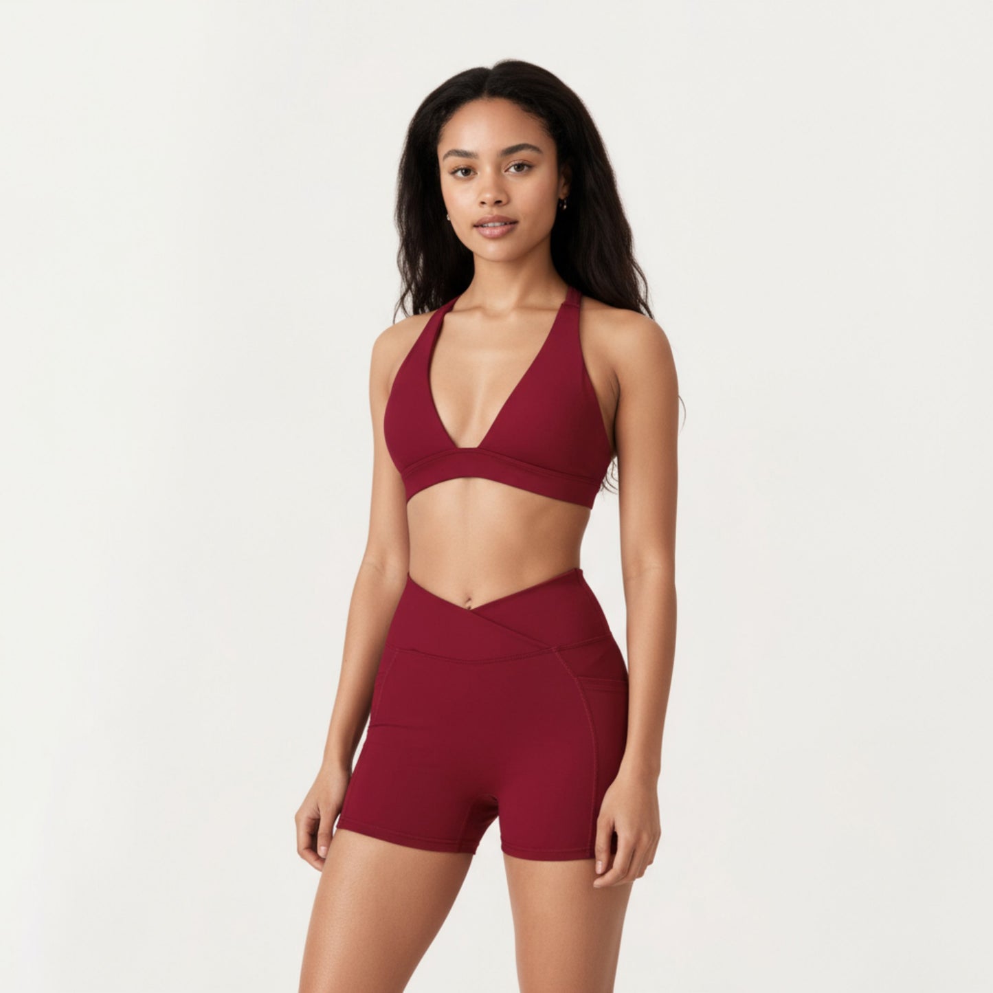V-Neck Halter Sports Bra with Wide Band and Supportive Stretch Fit