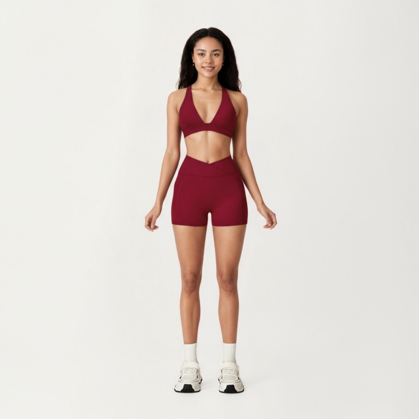 V-Neck Halter Sports Bra with Wide Band and Supportive Stretch Fit