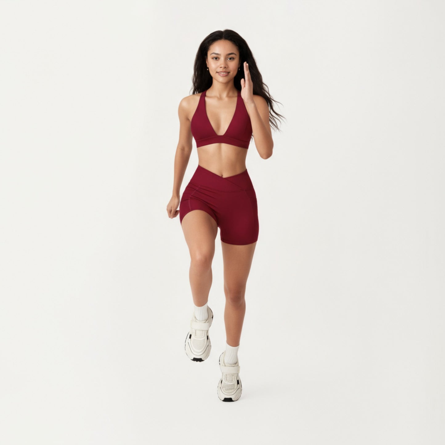 V-Neck Halter Sports Bra with Wide Band and Supportive Stretch Fit