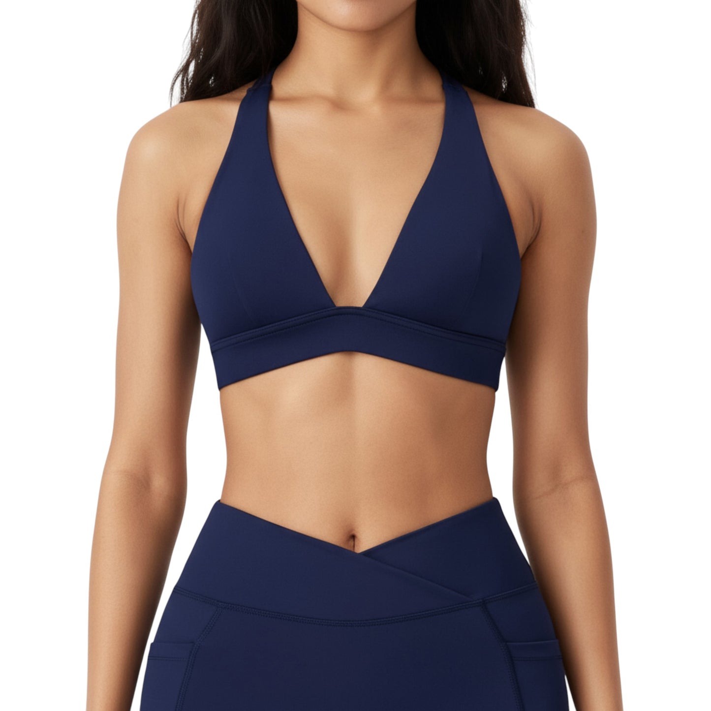 V-Neck Halter Sports Bra with Wide Band and Supportive Stretch Fit