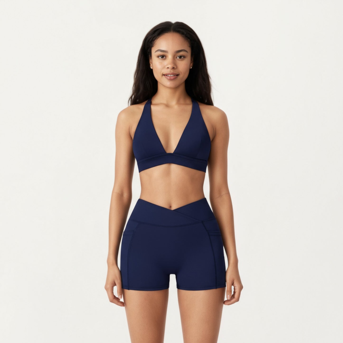 V-Neck Halter Sports Bra with Wide Band and Supportive Stretch Fit