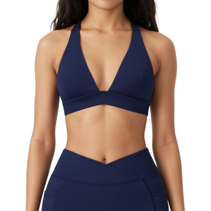 V-Neck Halter Sports Bra with Wide Band and Supportive Stretch Fit