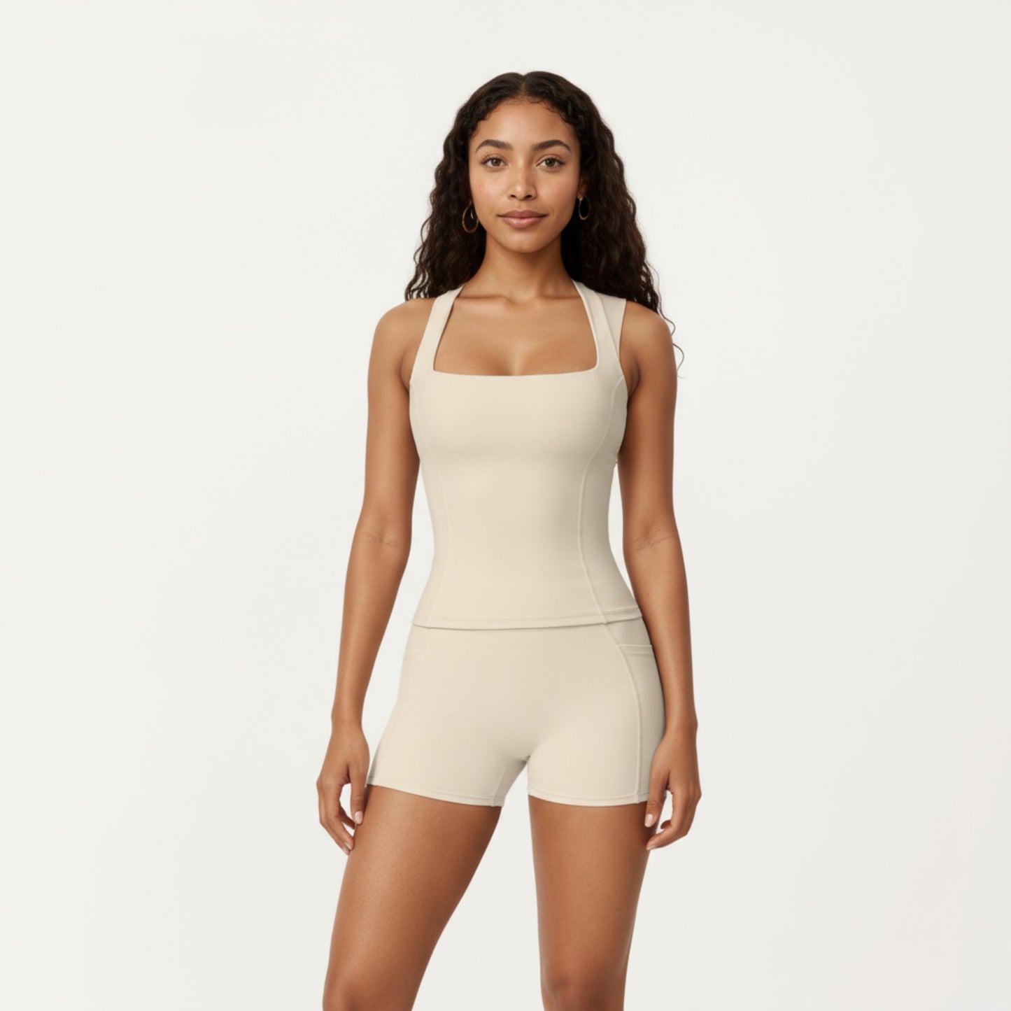 Square Neck Sleeveless Fitted Active Tank Top with Seam Detailing