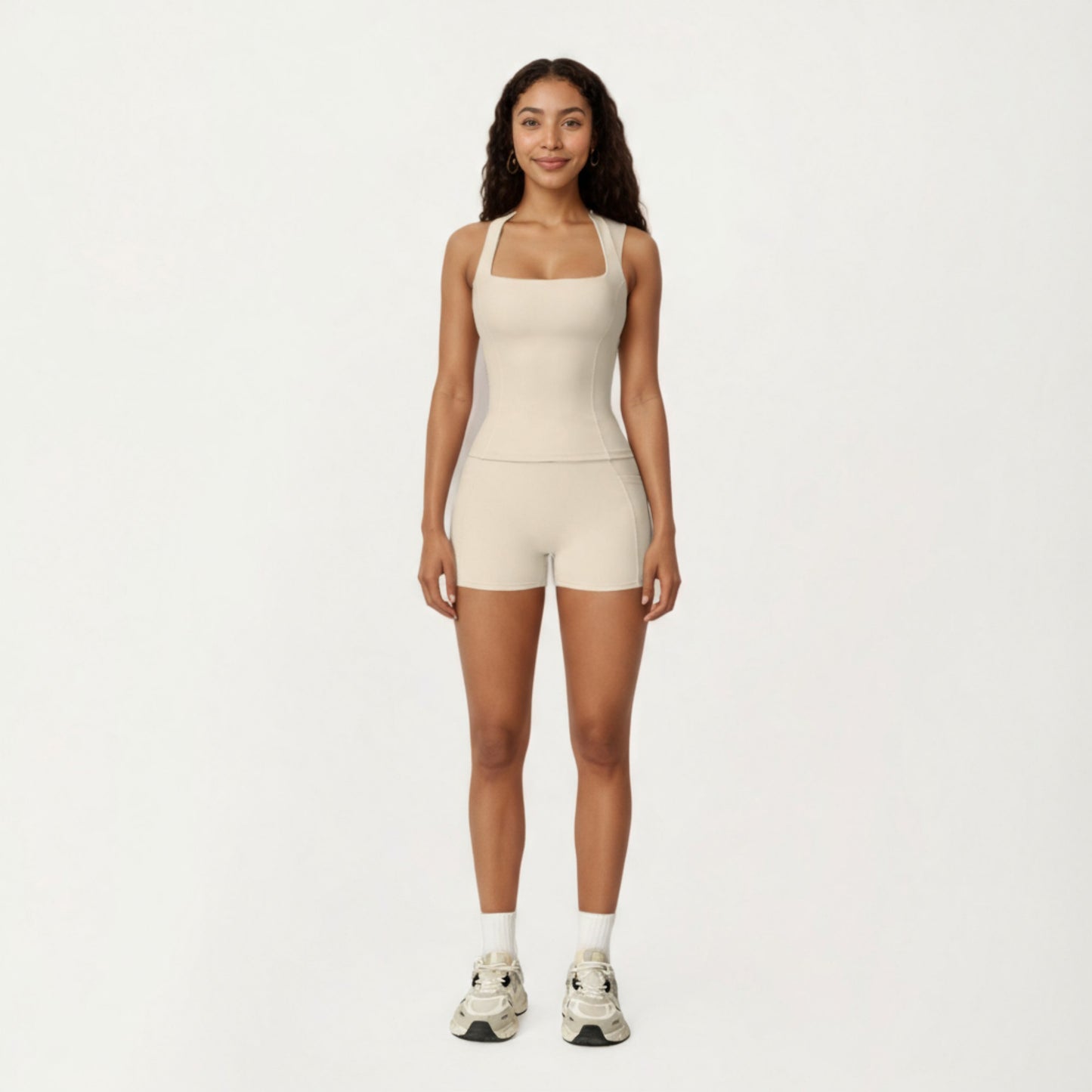 Square Neck Sleeveless Fitted Active Tank Top with Seam Detailing
