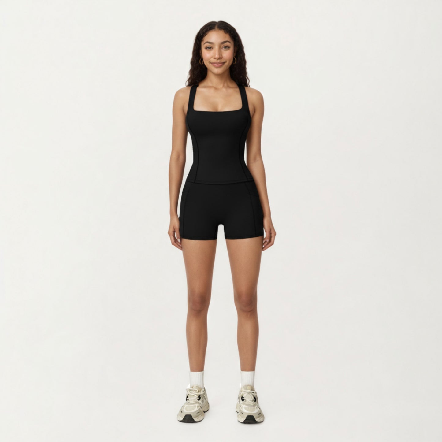 Square Neck Sleeveless Fitted Active Tank Top with Seam Detailing