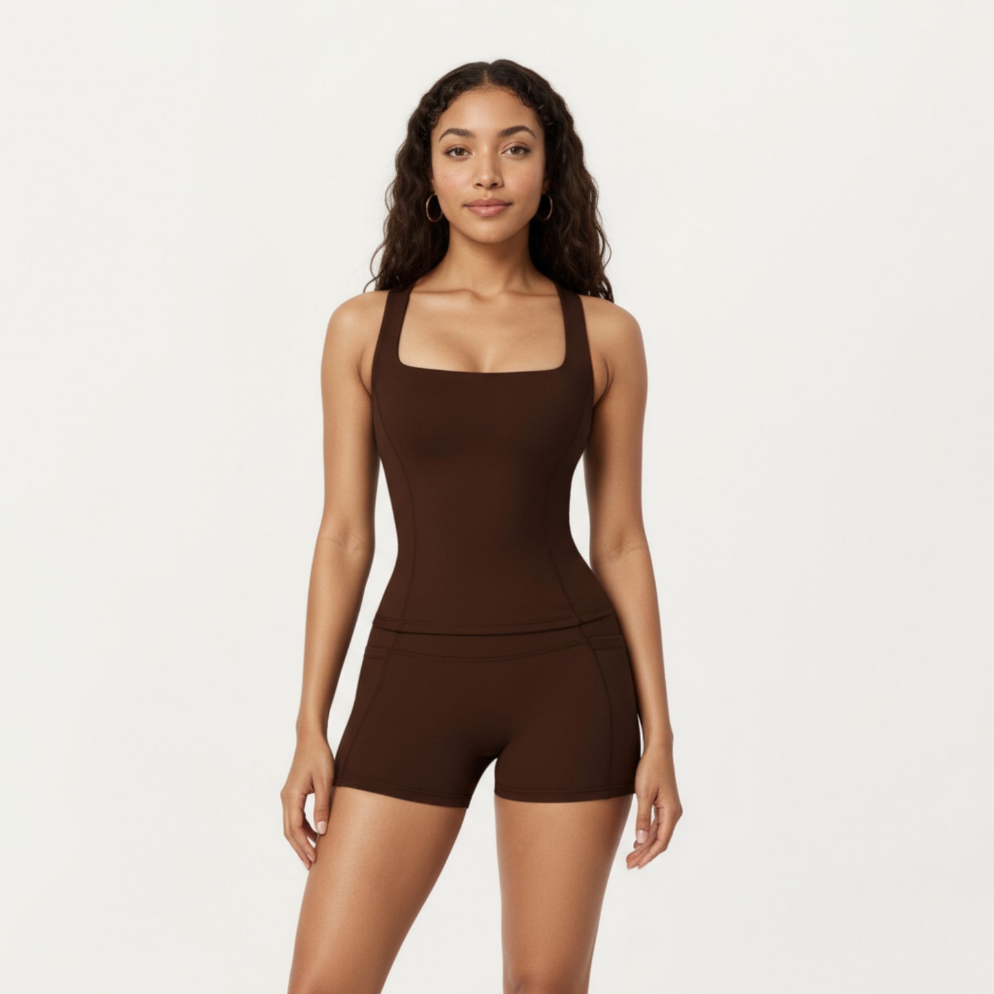 Square Neck Sleeveless Fitted Active Tank Top with Seam Detailing