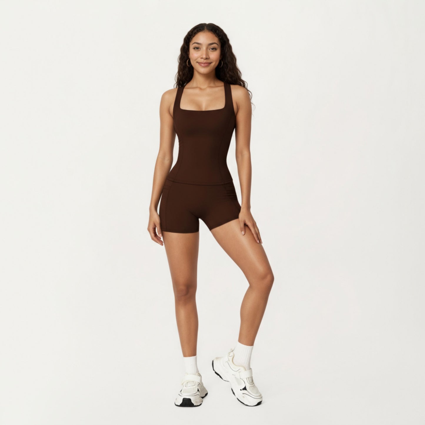 Square Neck Sleeveless Fitted Active Tank Top with Seam Detailing
