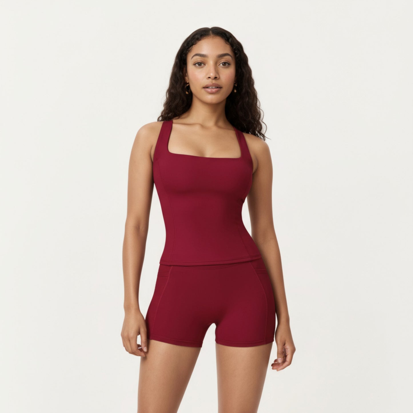Square Neck Sleeveless Fitted Active Tank Top with Seam Detailing