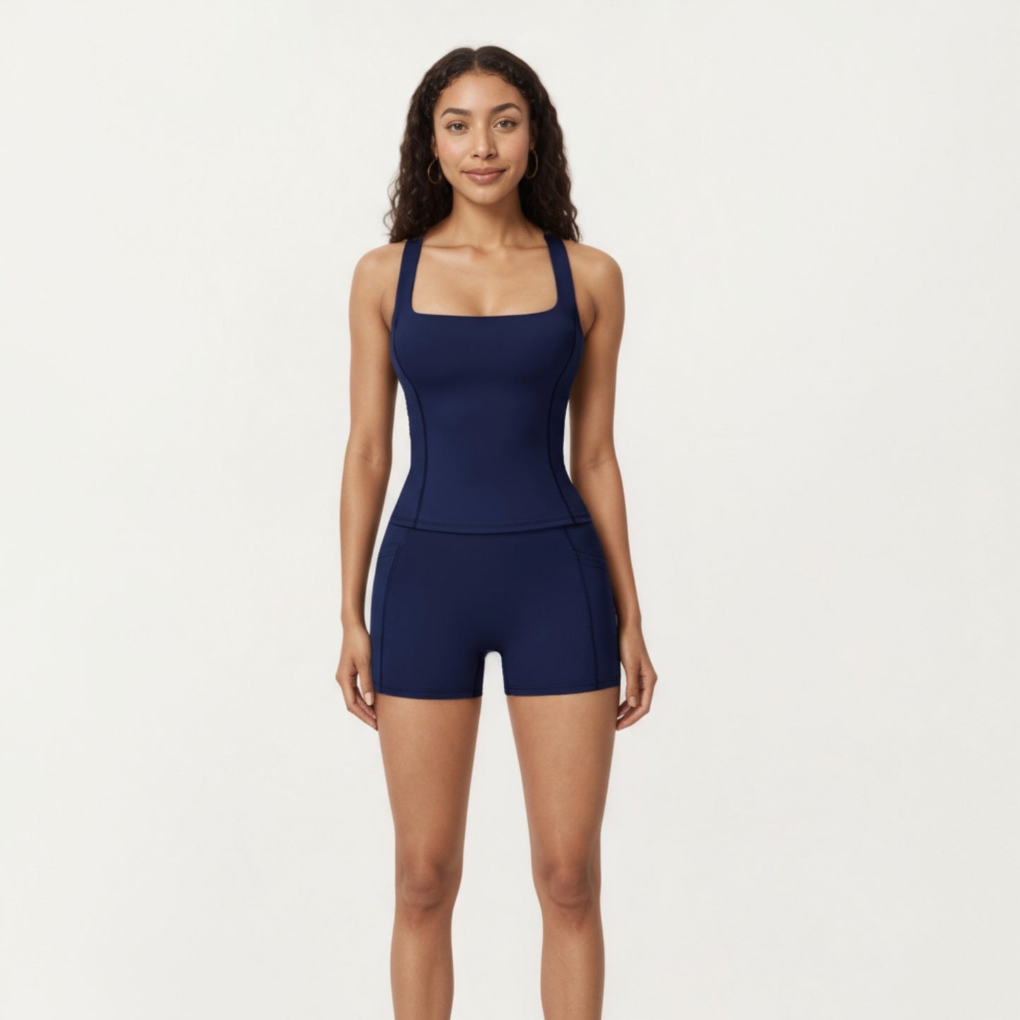 Square Neck Sleeveless Fitted Active Tank Top with Seam Detailing