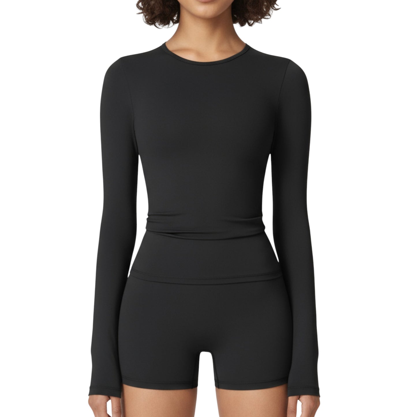 Long Sleeve Fitted Active Top with Thumbhole Cuffs and Crew Neck