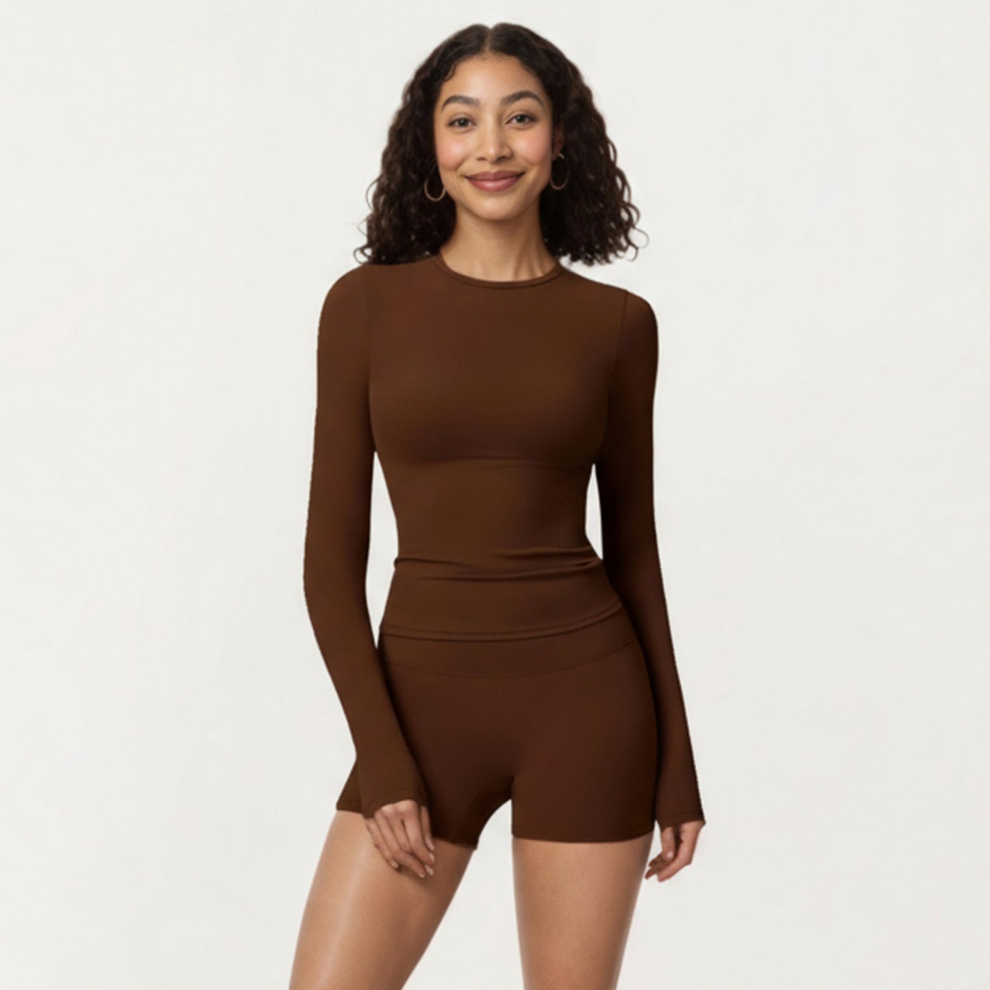 Long Sleeve Fitted Active Top with Thumbhole Cuffs and Crew Neck