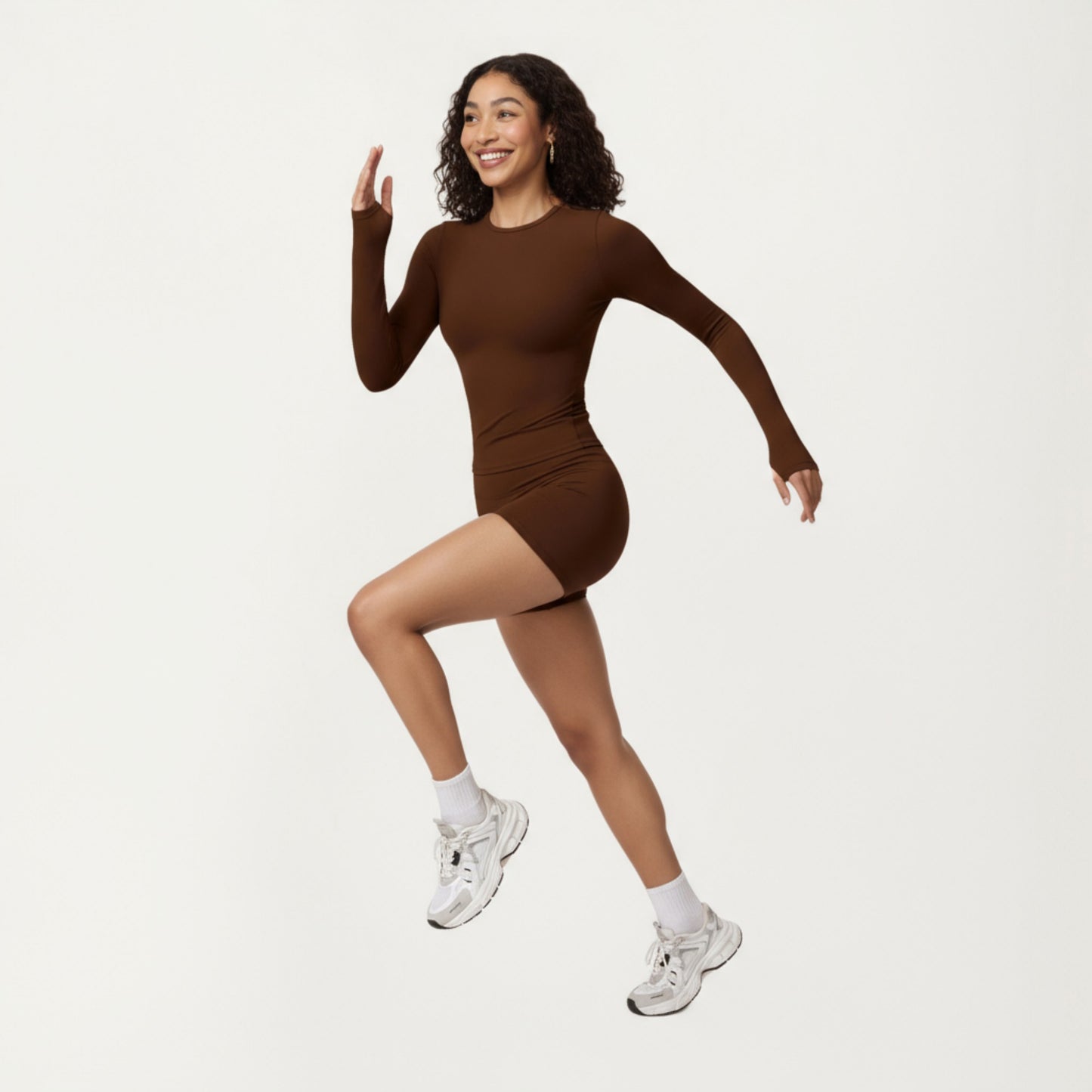 Long Sleeve Fitted Active Top with Thumbhole Cuffs and Crew Neck
