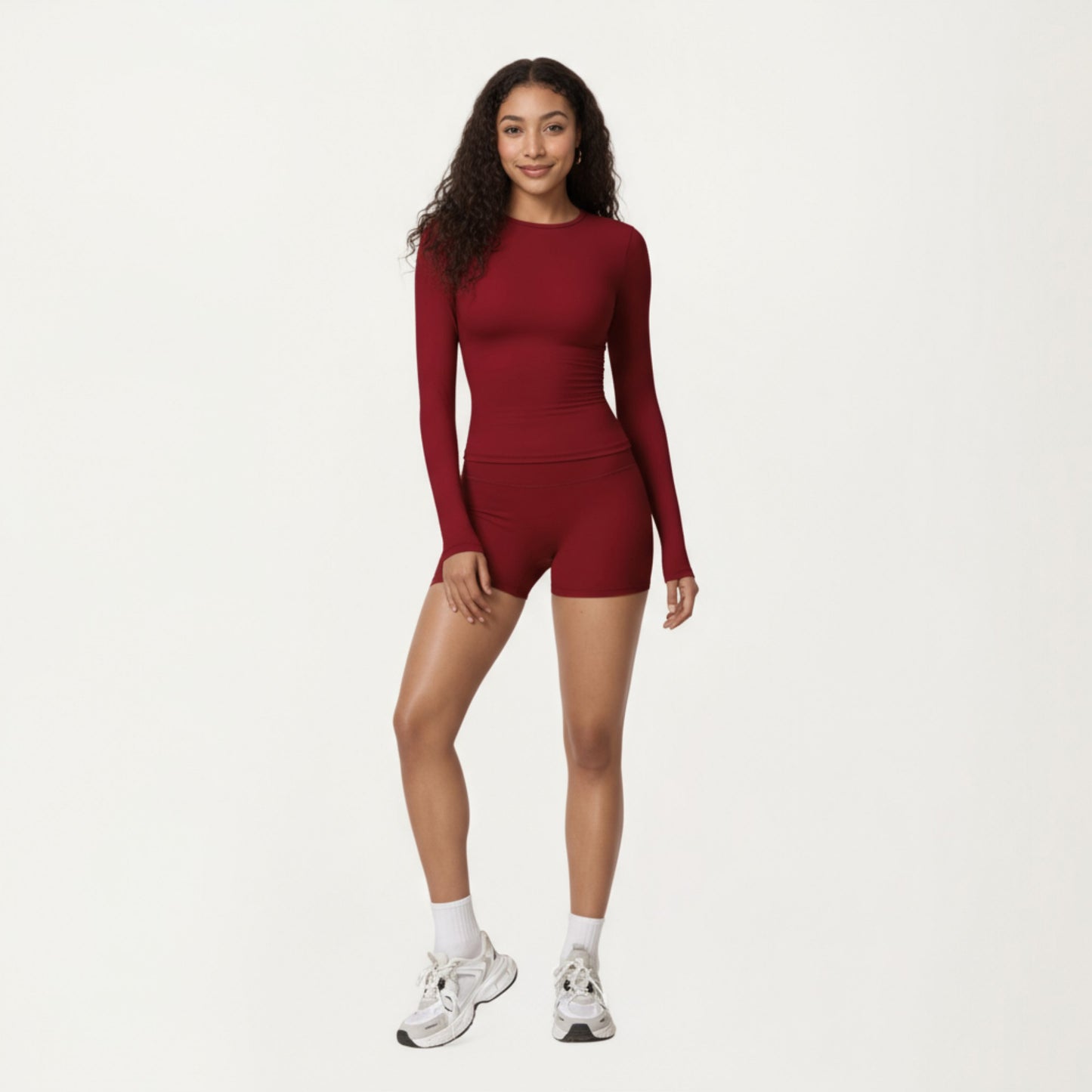 Long Sleeve Fitted Active Top with Thumbhole Cuffs and Crew Neck