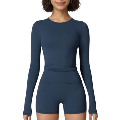 Long Sleeve Fitted Active Top with Thumbhole Cuffs and Crew Neck