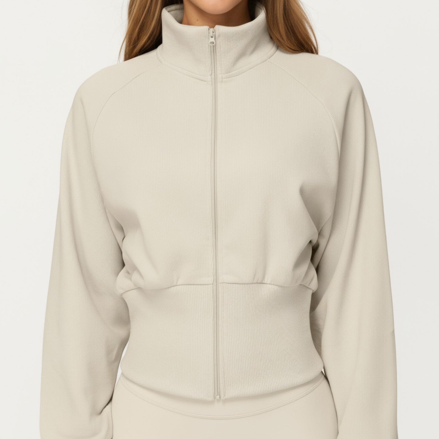 High Neck Long Sleeve Zip-Up Jacket with Fitted Waistband and Soft Knit Fabric