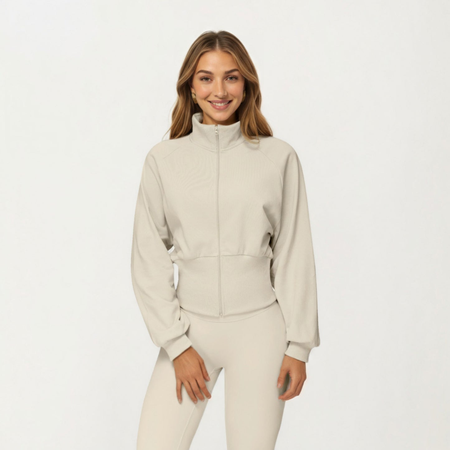 High Neck Long Sleeve Zip-Up Jacket with Fitted Waistband and Soft Knit Fabric
