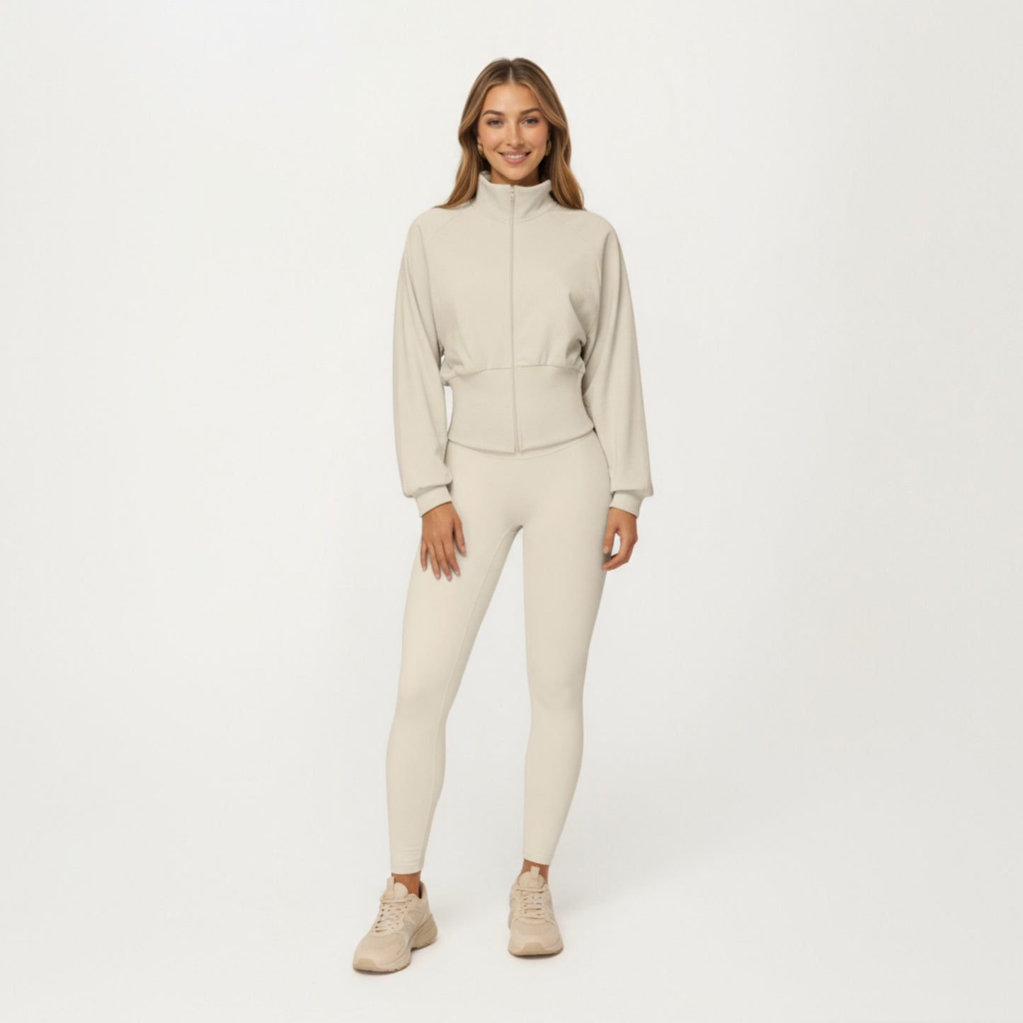 High Neck Long Sleeve Zip-Up Jacket with Fitted Waistband and Soft Knit Fabric