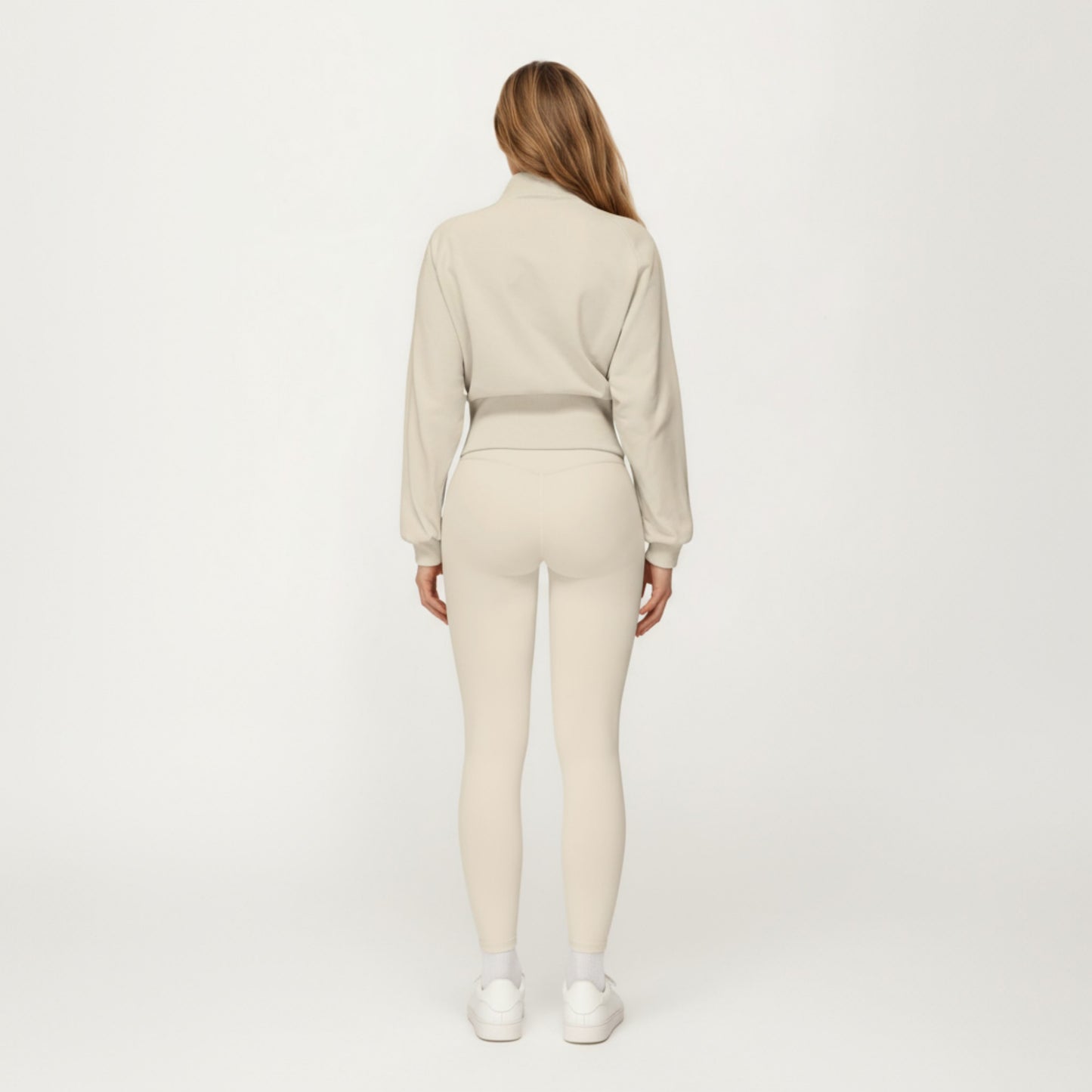 High Neck Long Sleeve Zip-Up Jacket with Fitted Waistband and Soft Knit Fabric