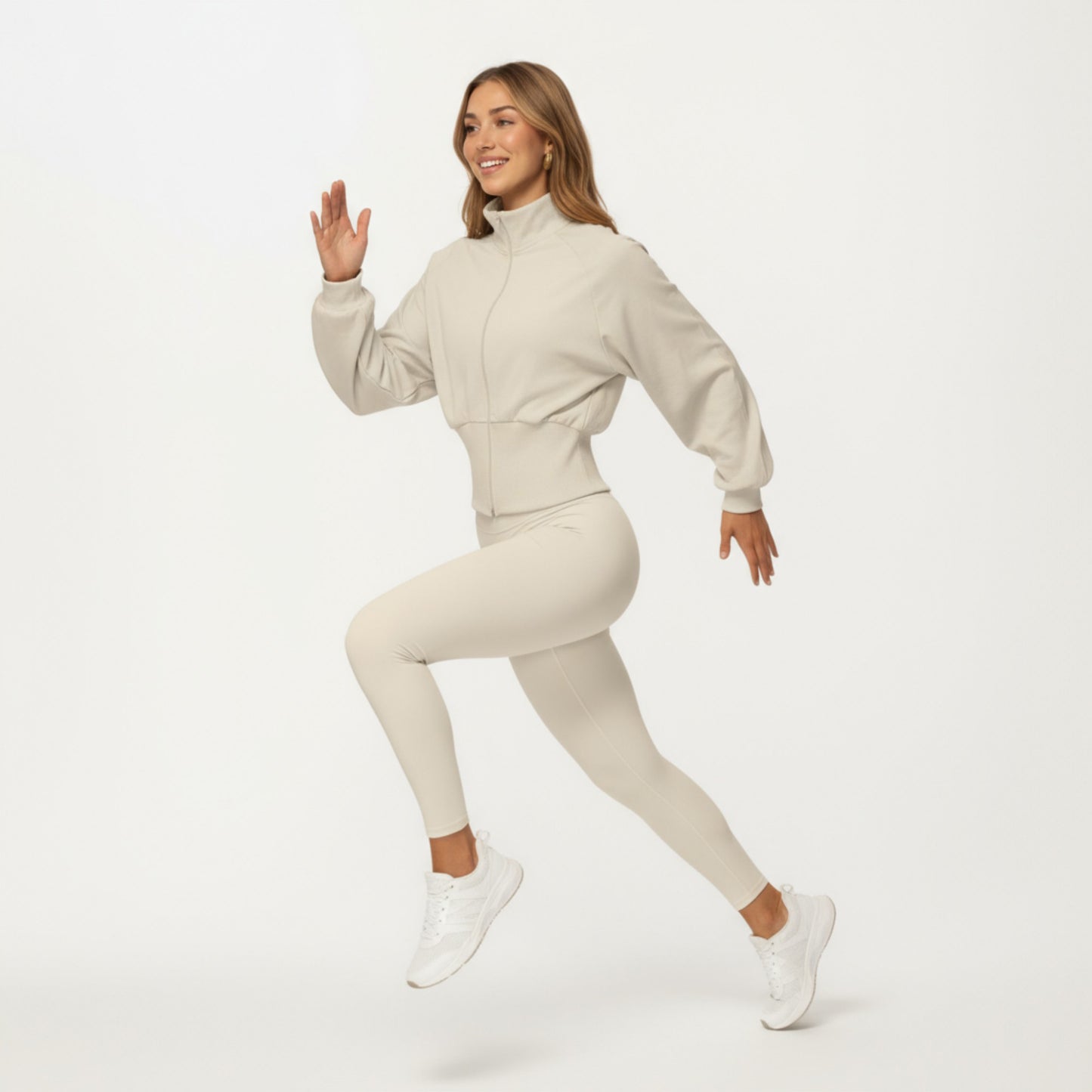 High Neck Long Sleeve Zip-Up Jacket with Fitted Waistband and Soft Knit Fabric