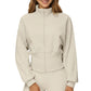 High Neck Long Sleeve Zip-Up Jacket with Fitted Waistband and Soft Knit Fabric
