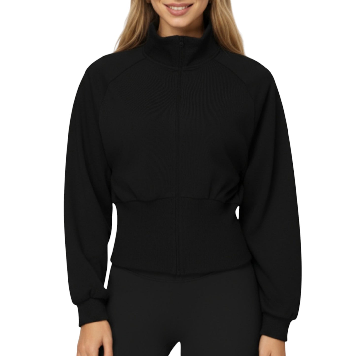 High Neck Long Sleeve Zip-Up Jacket with Fitted Waistband and Soft Knit Fabric