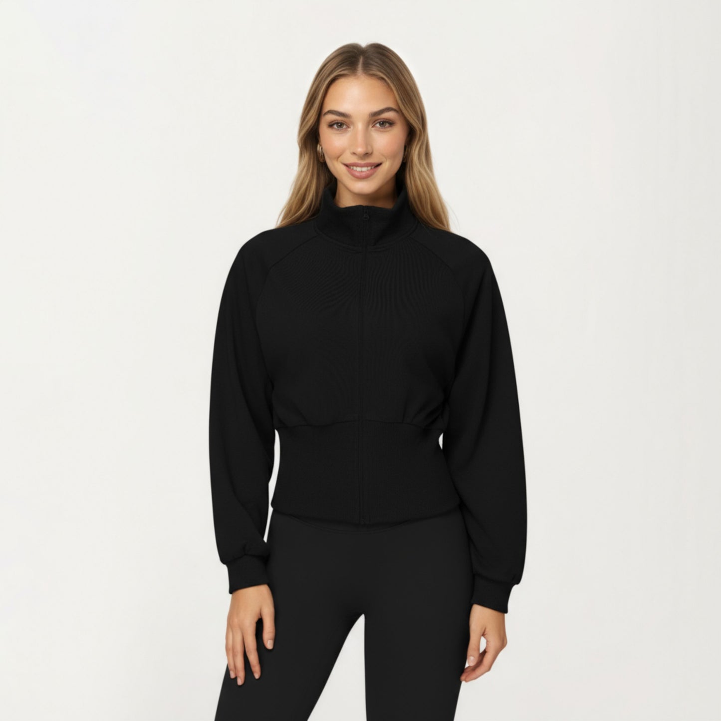 High Neck Long Sleeve Zip-Up Jacket with Fitted Waistband and Soft Knit Fabric