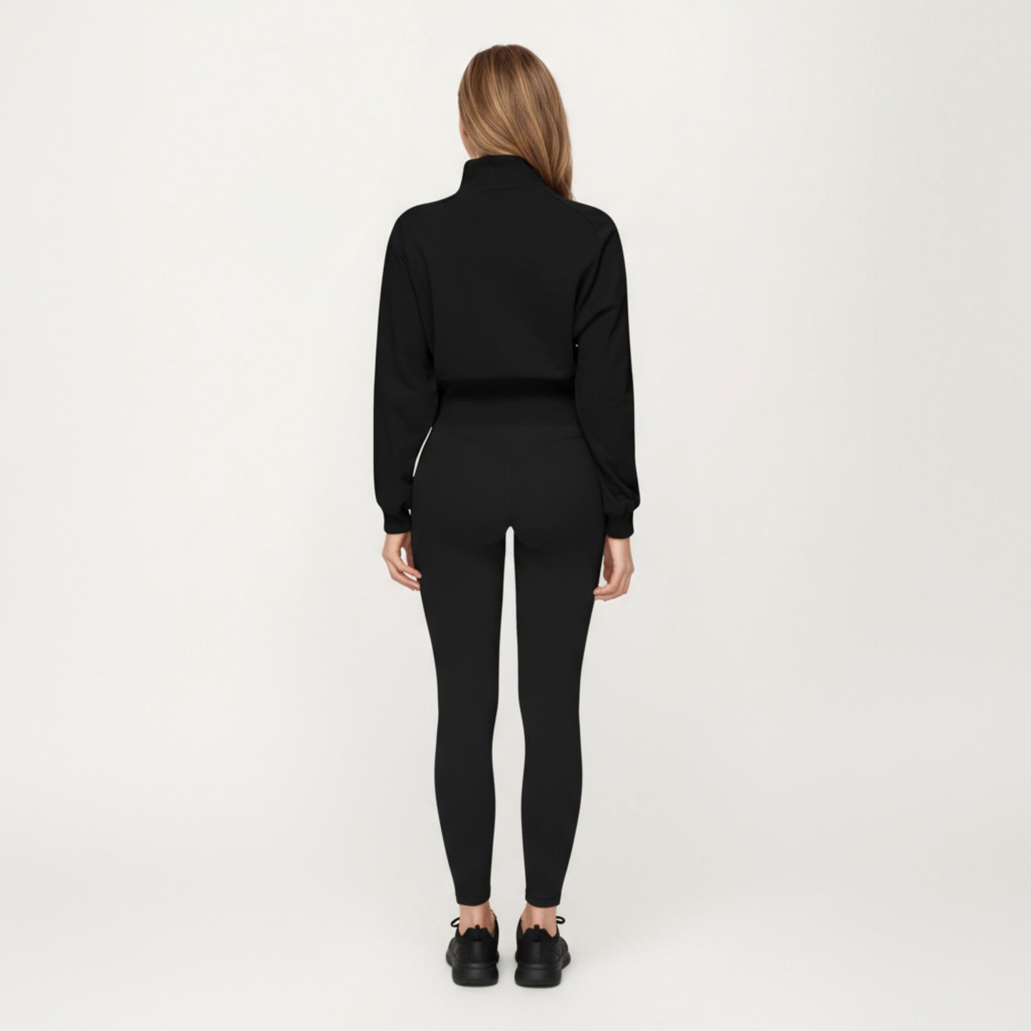 High Neck Long Sleeve Zip-Up Jacket with Fitted Waistband and Soft Knit Fabric