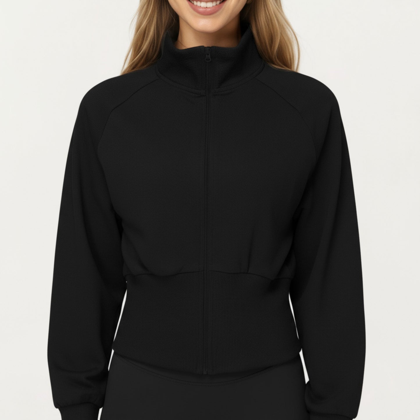 High Neck Long Sleeve Zip-Up Jacket with Fitted Waistband and Soft Knit Fabric