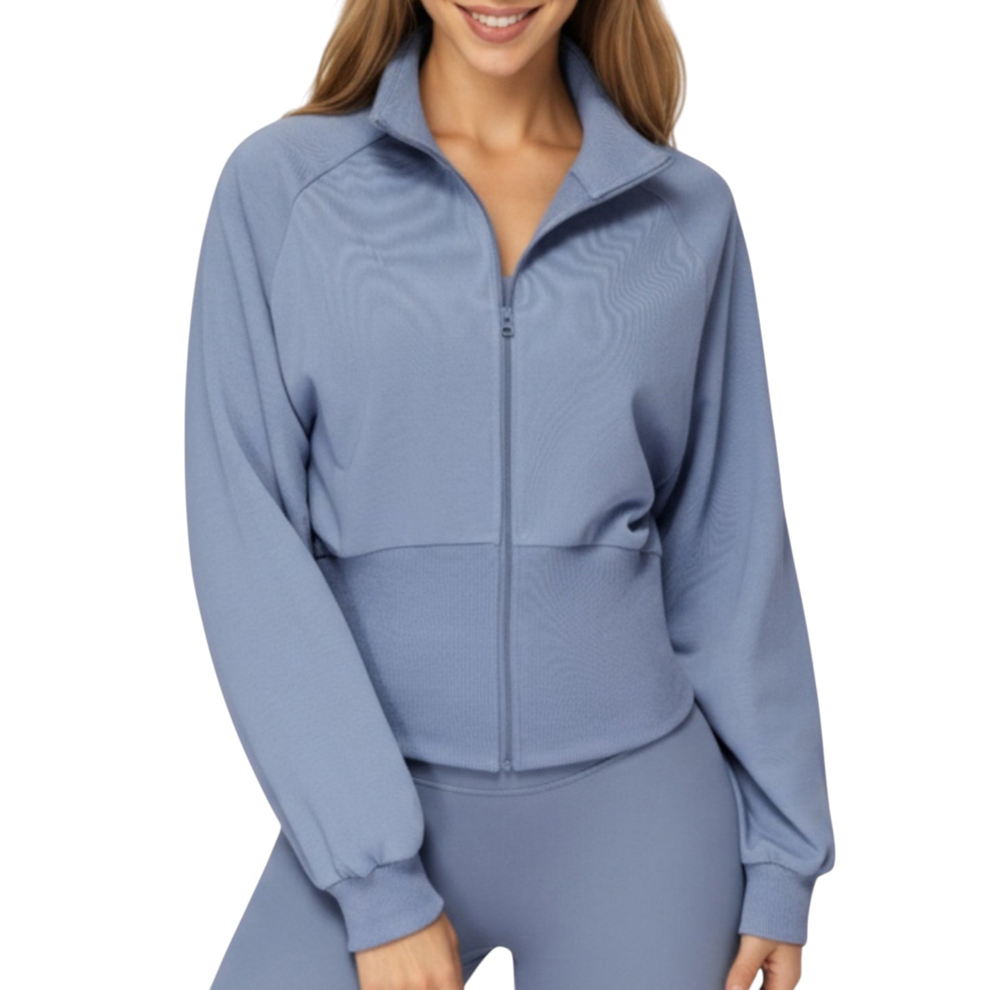High Neck Long Sleeve Zip-Up Jacket with Fitted Waistband and Soft Knit Fabric