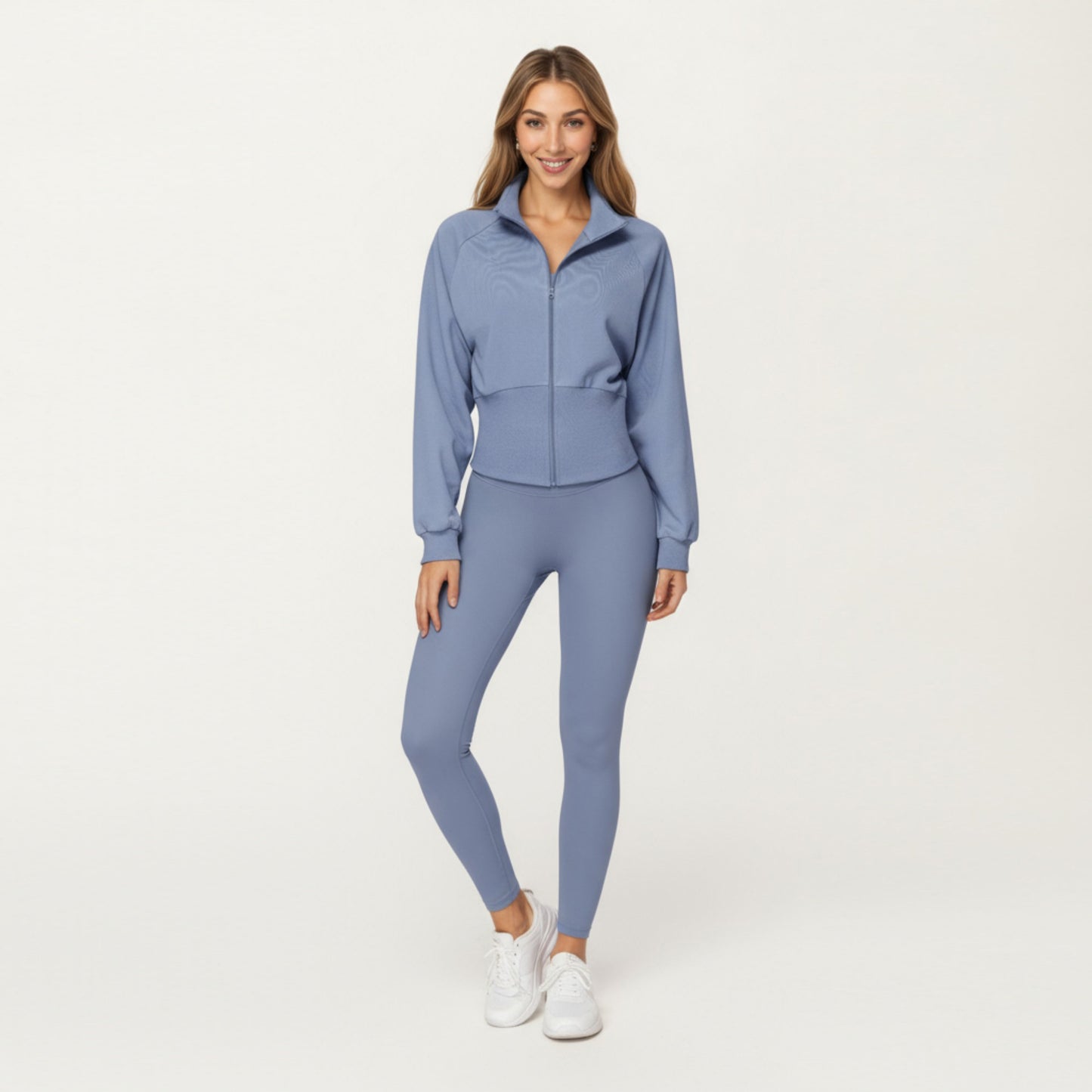 High Neck Long Sleeve Zip-Up Jacket with Fitted Waistband and Soft Knit Fabric