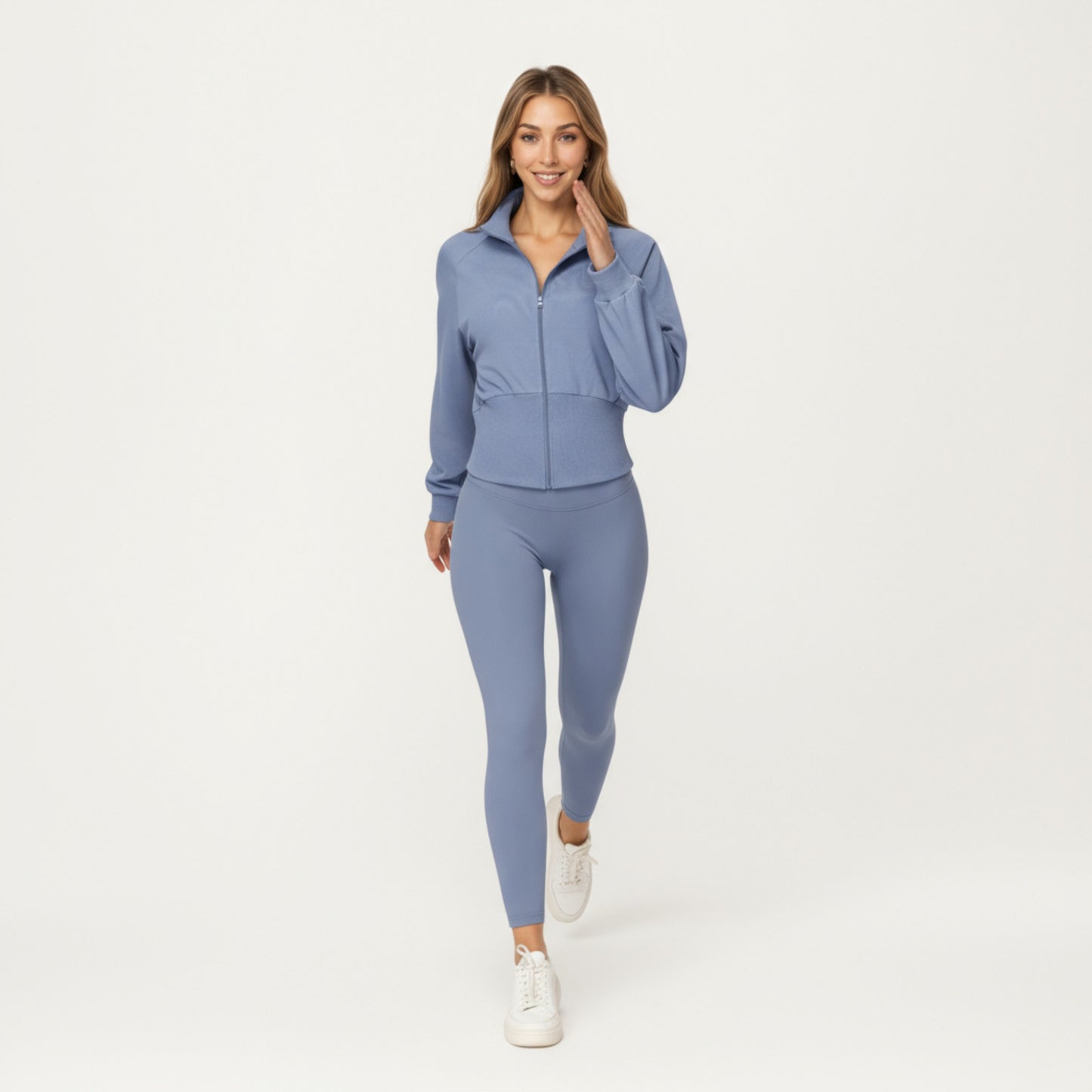 High Neck Long Sleeve Zip-Up Jacket with Fitted Waistband and Soft Knit Fabric