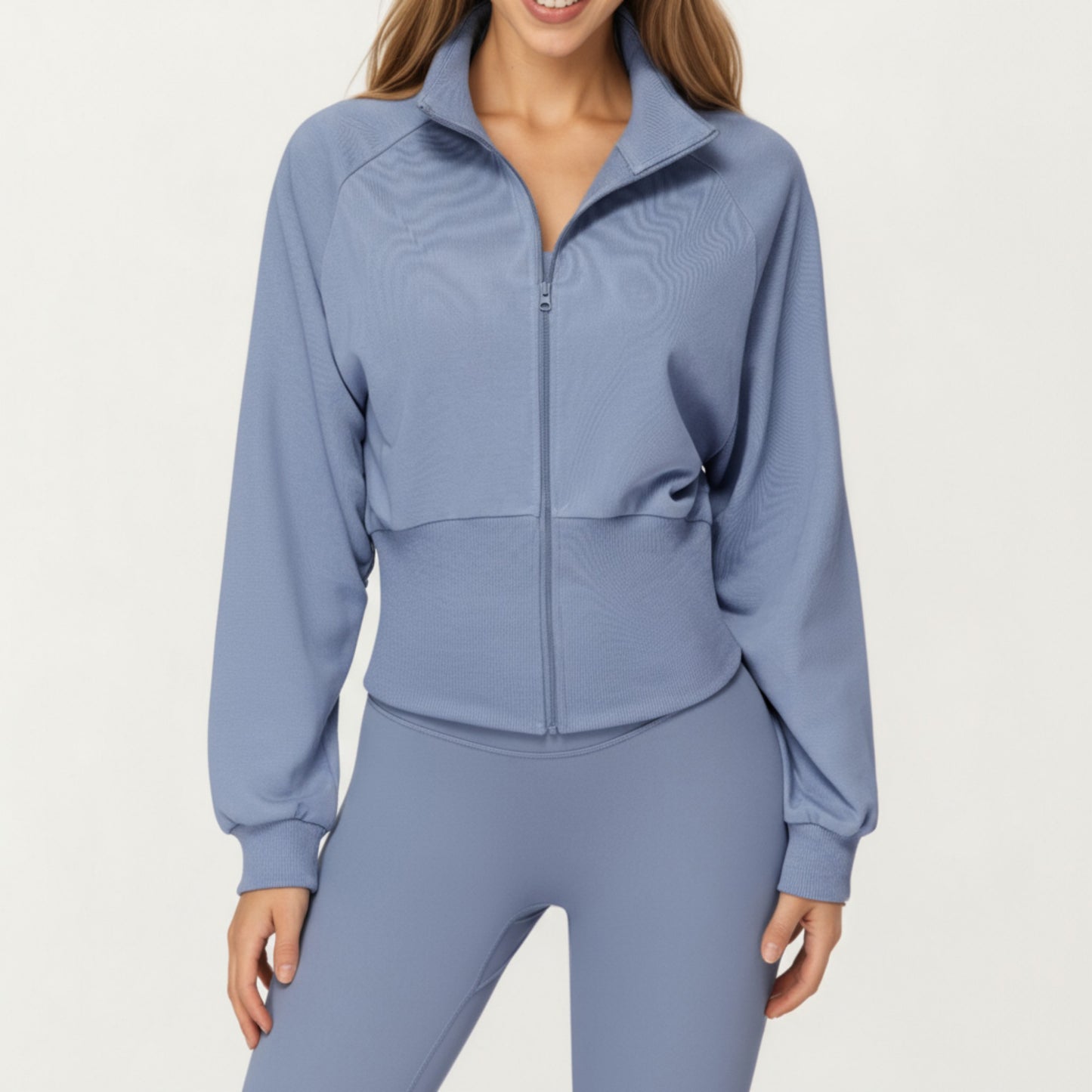 High Neck Long Sleeve Zip-Up Jacket with Fitted Waistband and Soft Knit Fabric