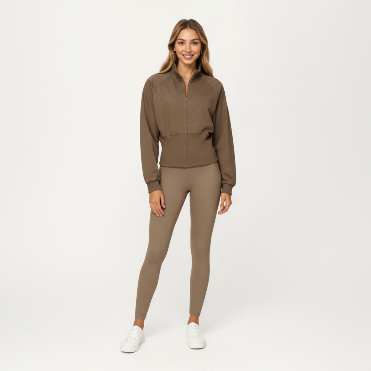 High Neck Long Sleeve Zip-Up Jacket with Fitted Waistband and Soft Knit Fabric