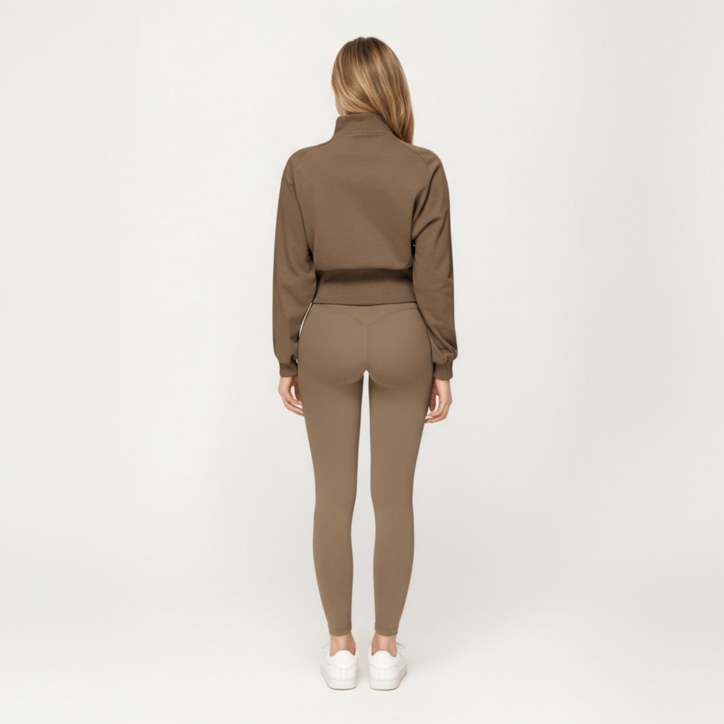 High Neck Long Sleeve Zip-Up Jacket with Fitted Waistband and Soft Knit Fabric