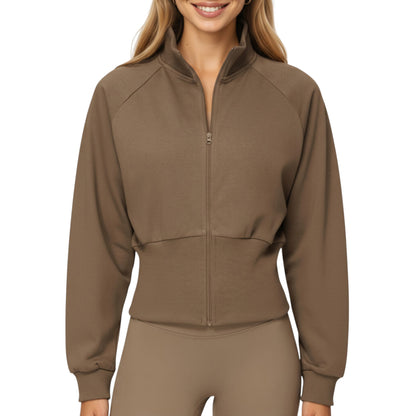 High Neck Long Sleeve Zip-Up Jacket with Fitted Waistband and Soft Knit Fabric