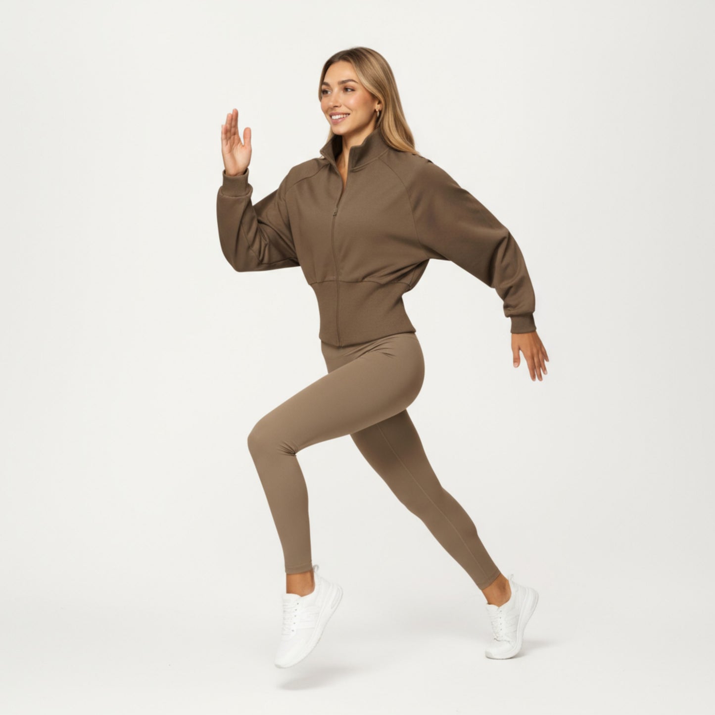 High Neck Long Sleeve Zip-Up Jacket with Fitted Waistband and Soft Knit Fabric