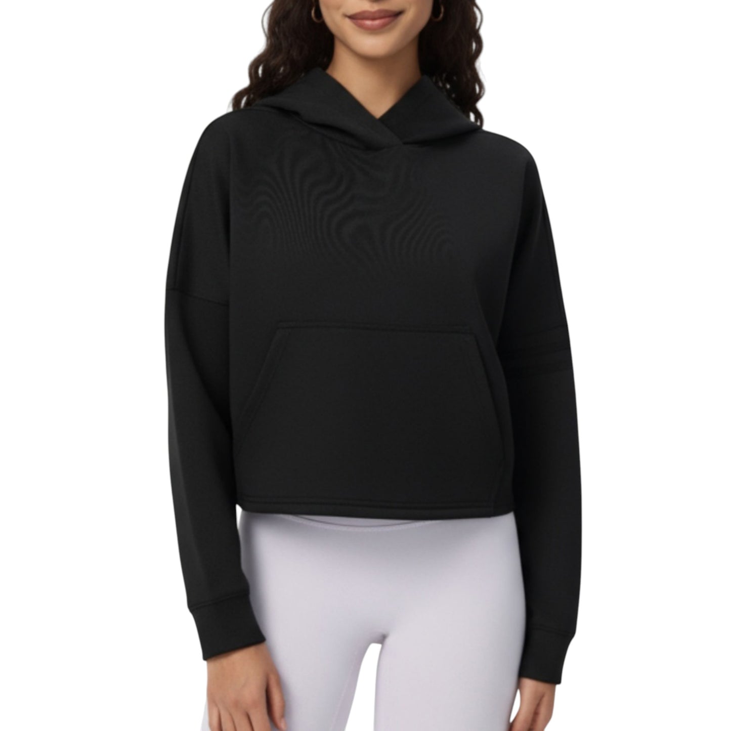Long Sleeve Cropped Hoodie with Kangaroo Pocket and Striped Sleeve Detail