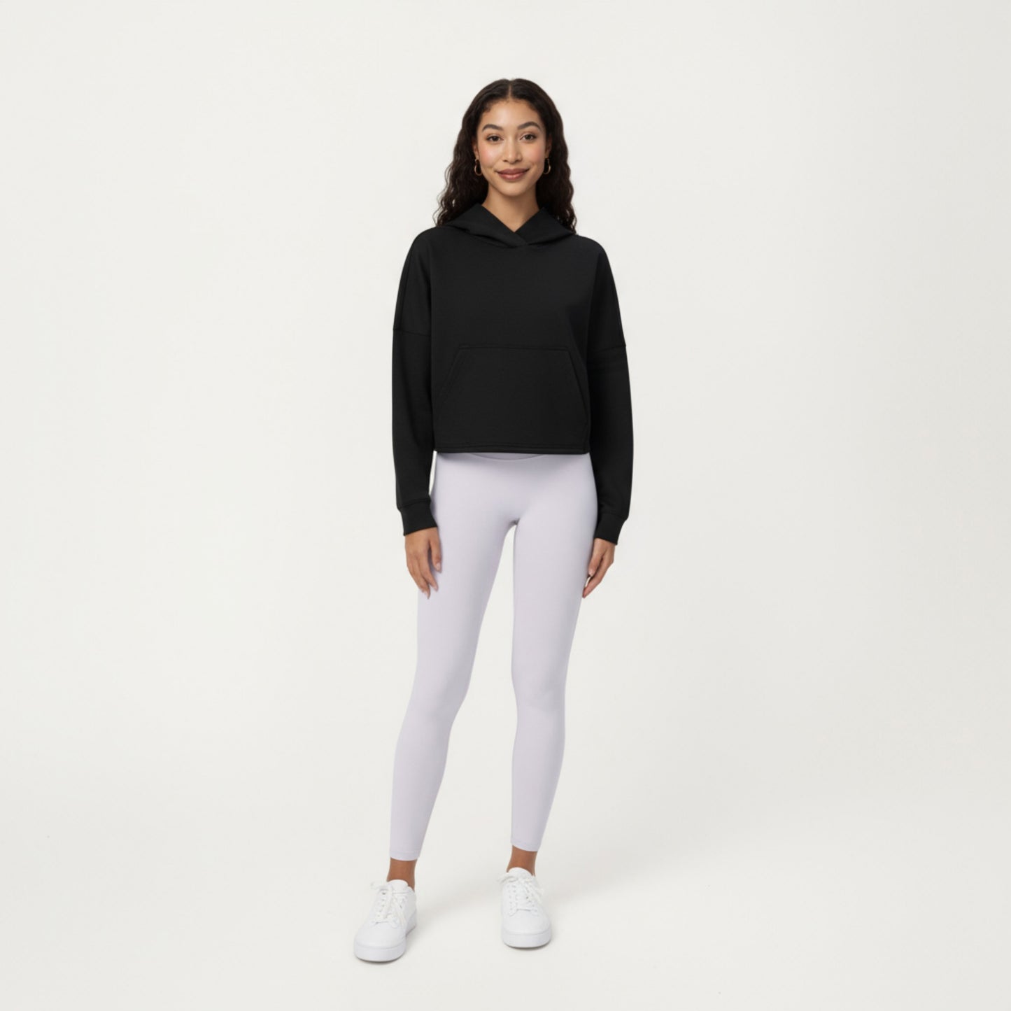 Long Sleeve Cropped Hoodie with Kangaroo Pocket and Striped Sleeve Detail