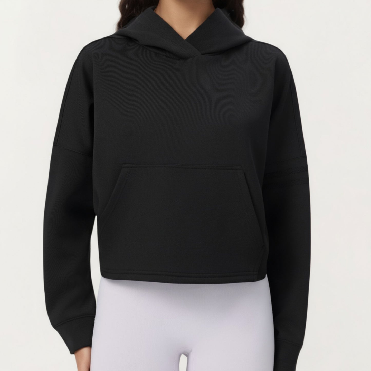 Long Sleeve Cropped Hoodie with Kangaroo Pocket and Striped Sleeve Detail