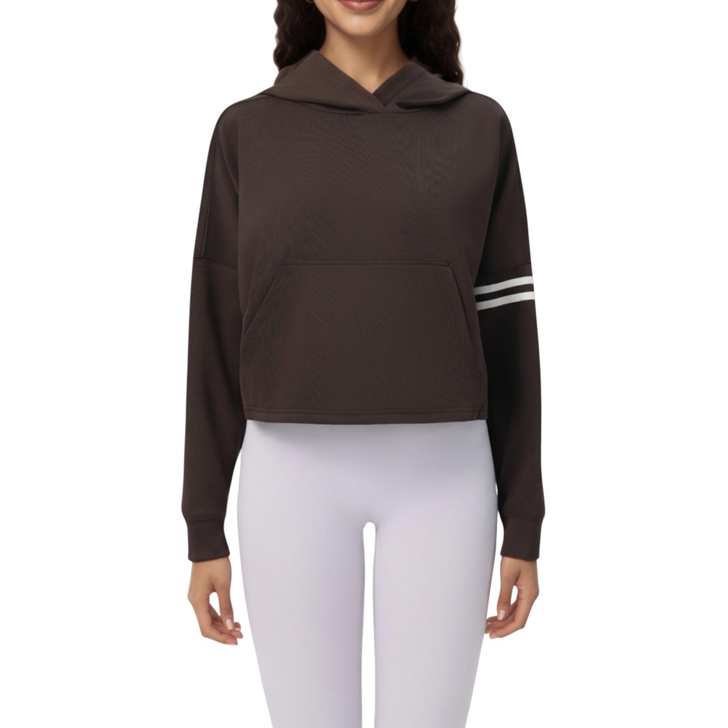 Long Sleeve Cropped Hoodie with Kangaroo Pocket and Striped Sleeve Detail